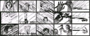 Storyboard do filme “Psicose” de Hitchcock. Cada quadradinho é um plano e a soma de todos eles cria a cena clássica do banheiro.