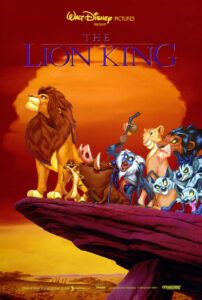 Poster do filme de animação da Disney "O Rei Leão" de 1994, com Simba, Mufasa e Scar.