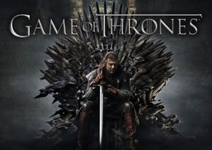 Poster da série Game of Thrones com personagens principais, destacando a complexidade visual e a ambientação fantástica.