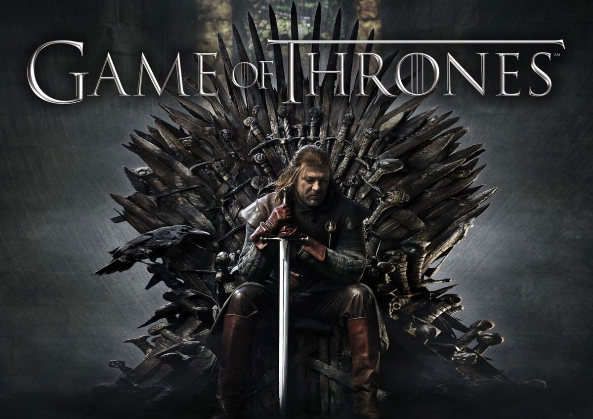 Poster da série Game of Thrones com personagens principais, destacando a complexidade visual e a ambientação fantástica.